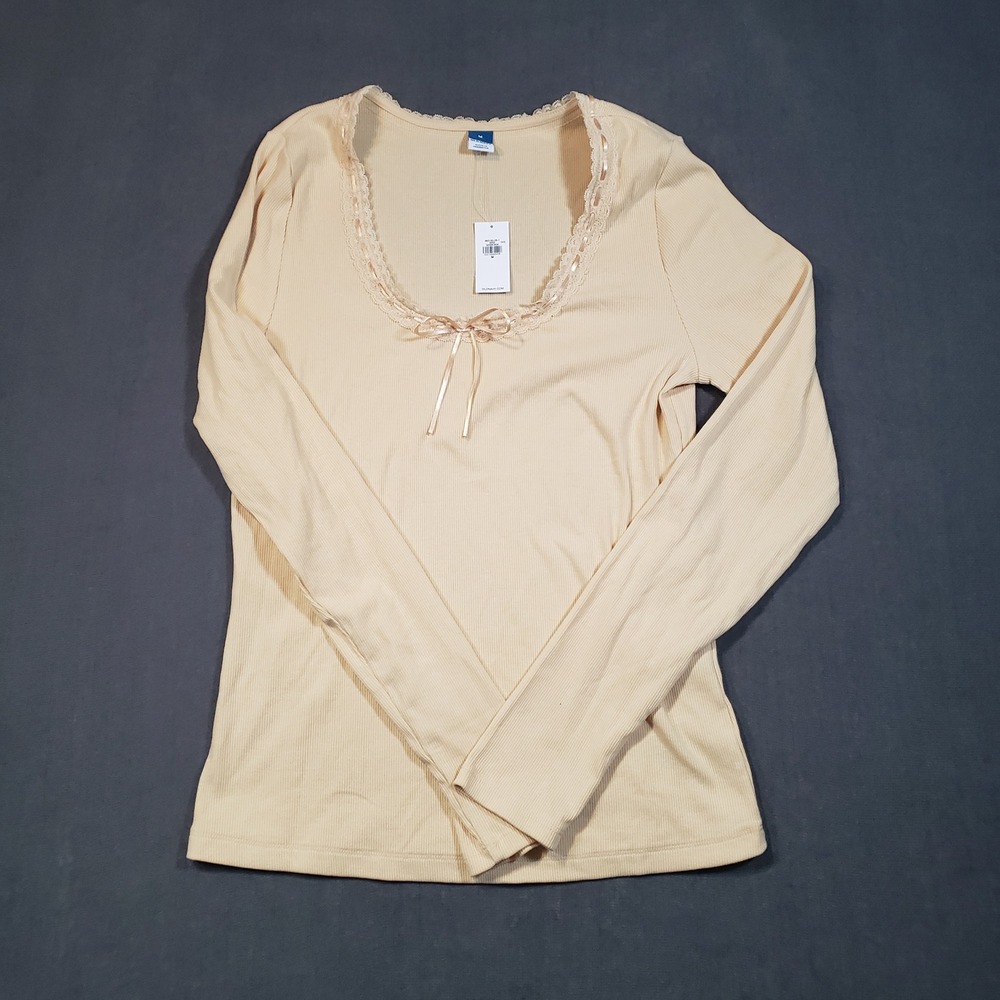 Old Navy Ribbed Top Womens Medium Beige Lace Trim Long Sleeve Bow S/842190